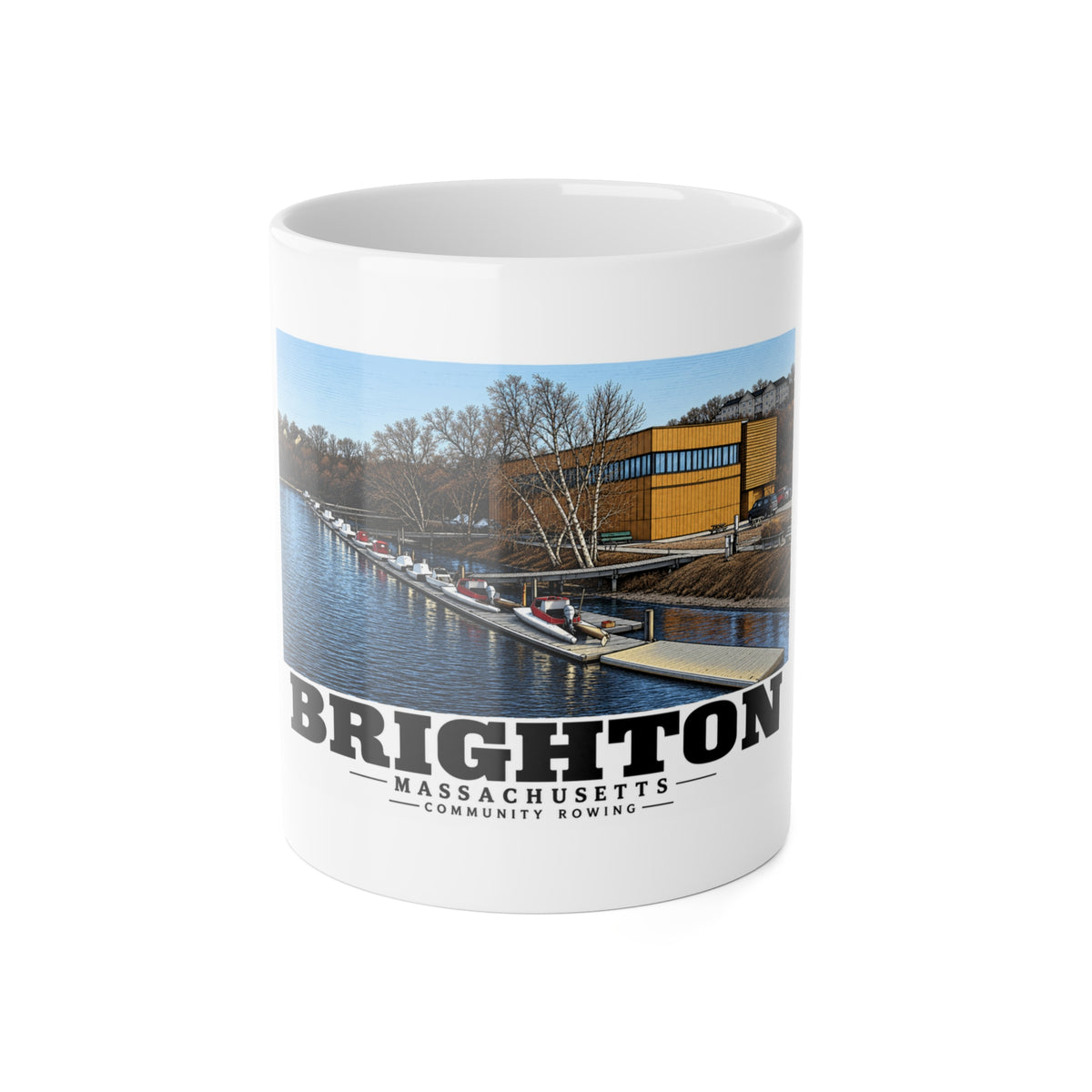 White mug showing Community Rowing building, dock and boats artwork and Brighton lettering