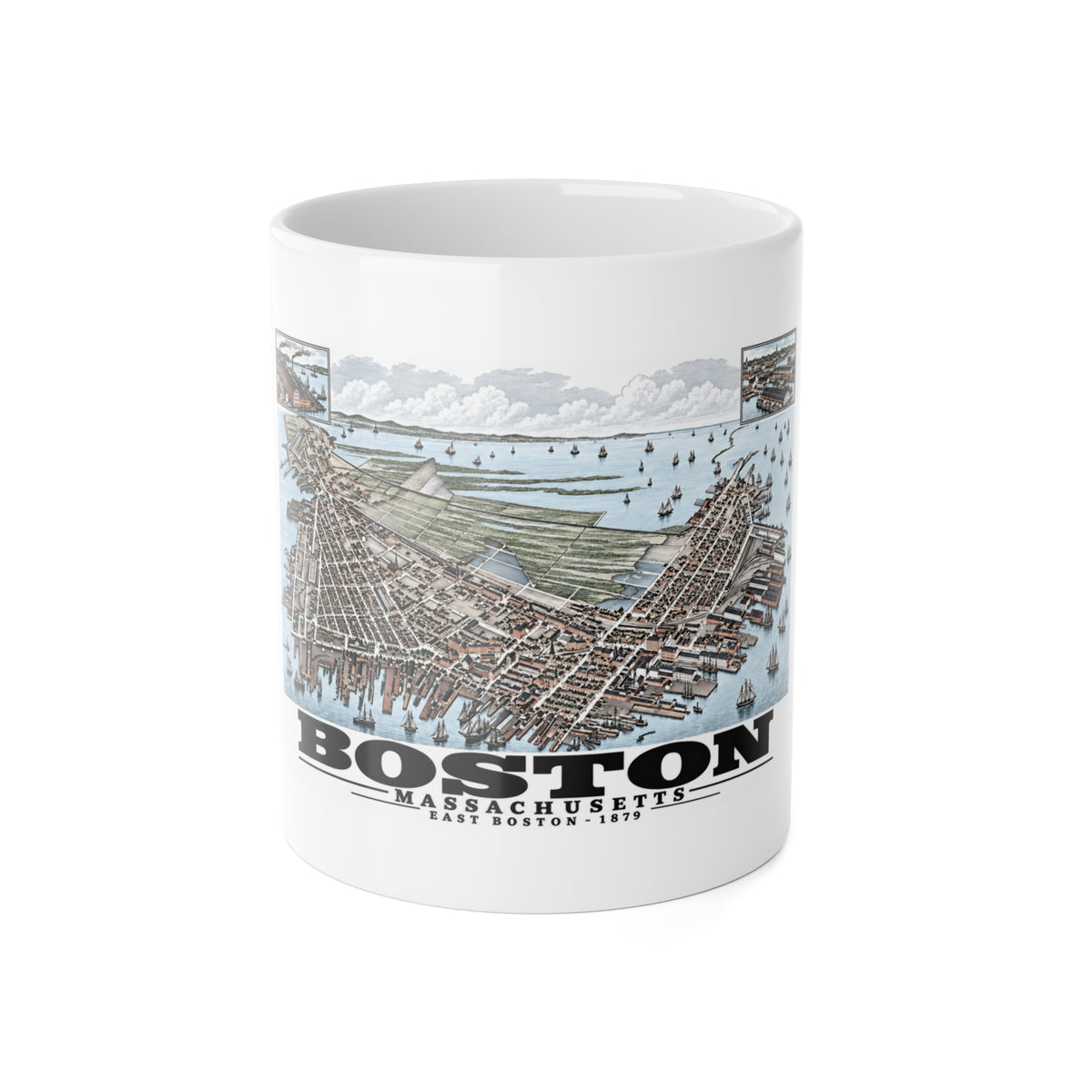 White mug showing East Boston bird-eye city and harbor panorama with inset views artwork and Boston lettering
