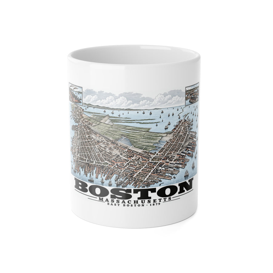 White mug showing East Boston bird-eye city and harbor panorama with inset views artwork and Boston lettering