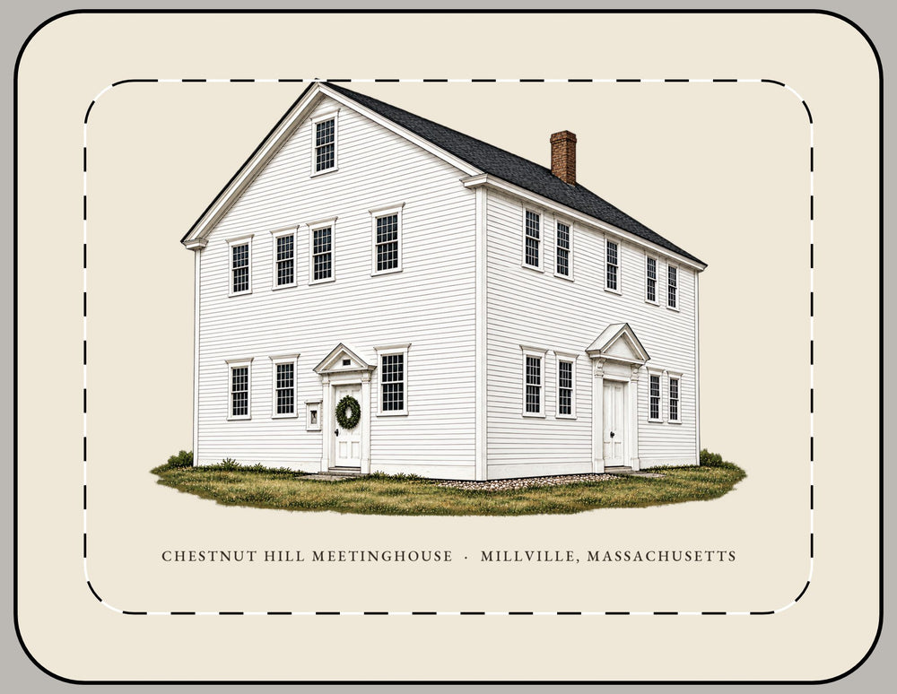 Millville Chestnut Hill Meetinghouse 15-inch laptop sleeve mockup showing the full illustrated print