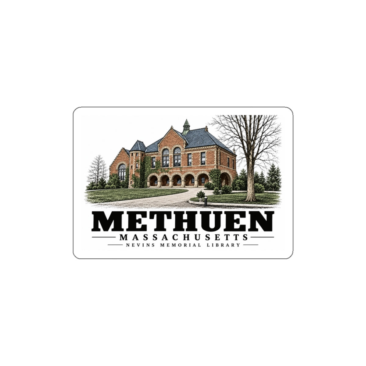 Front of Nevins Memorial Library white die-cut sticker, with Methuen, Massachusetts artwork and lettering.