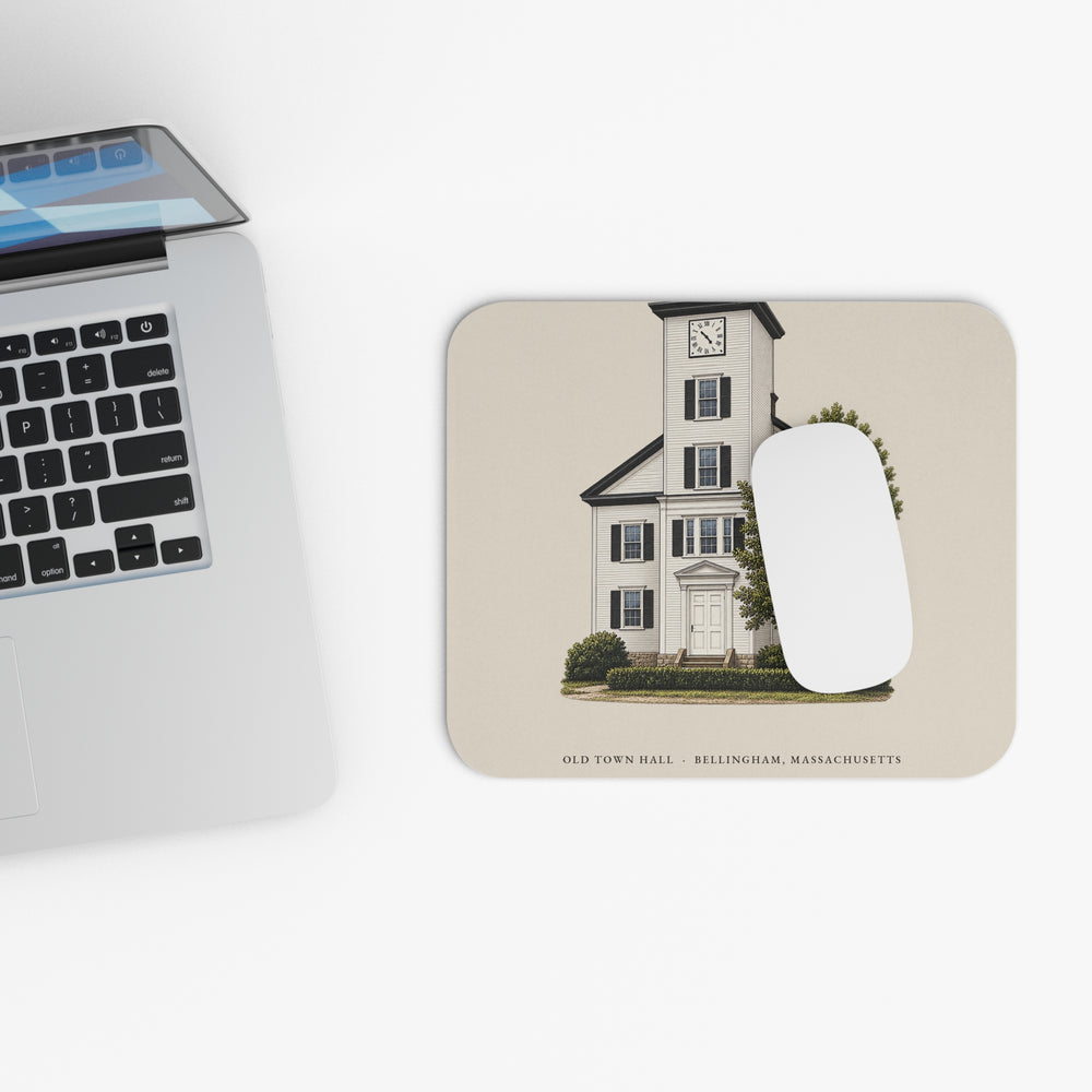 Bellingham Old Town Hall mouse pad mockup showing the full illustrated print