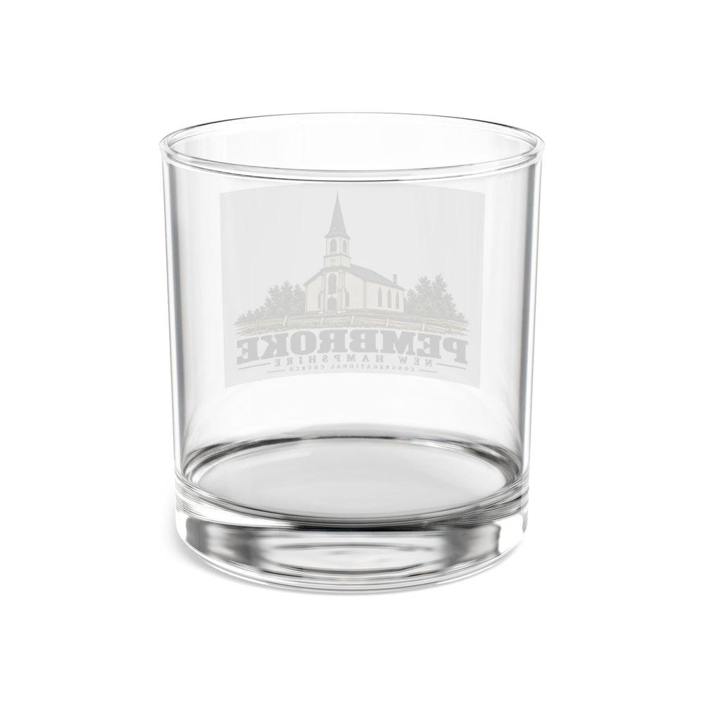 Transparent reverse of Congregational Church rocks glass, with Pembroke, New Hampshire artwork and lettering.