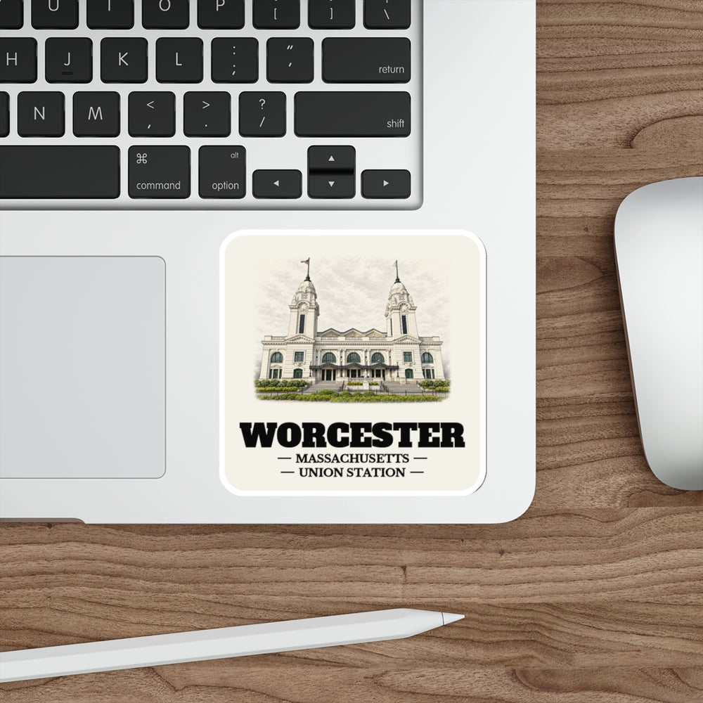 Worcester Union Station sticker shown on a laptop