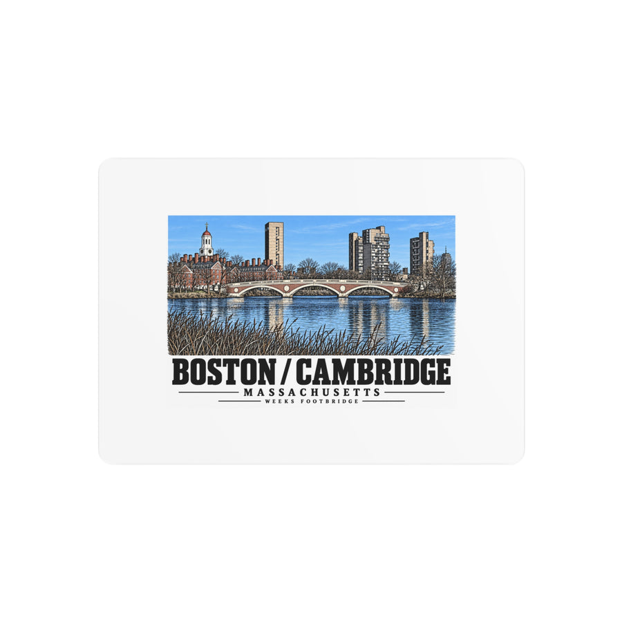 Metal wall print showing Weeks Footbridge stone arches and riverside towers artwork and Boston/Cambridge lettering