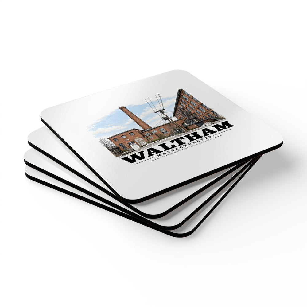 Illustrated Boston Manufacturing Company in Waltham on corkwood coaster set