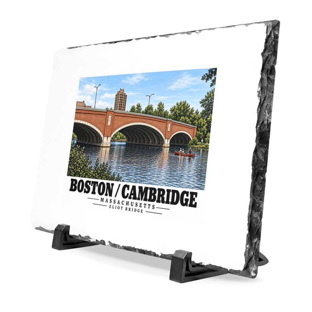 Angled rough-edged slate display on black stands showing Eliot Bridge red brick arches and boats artwork