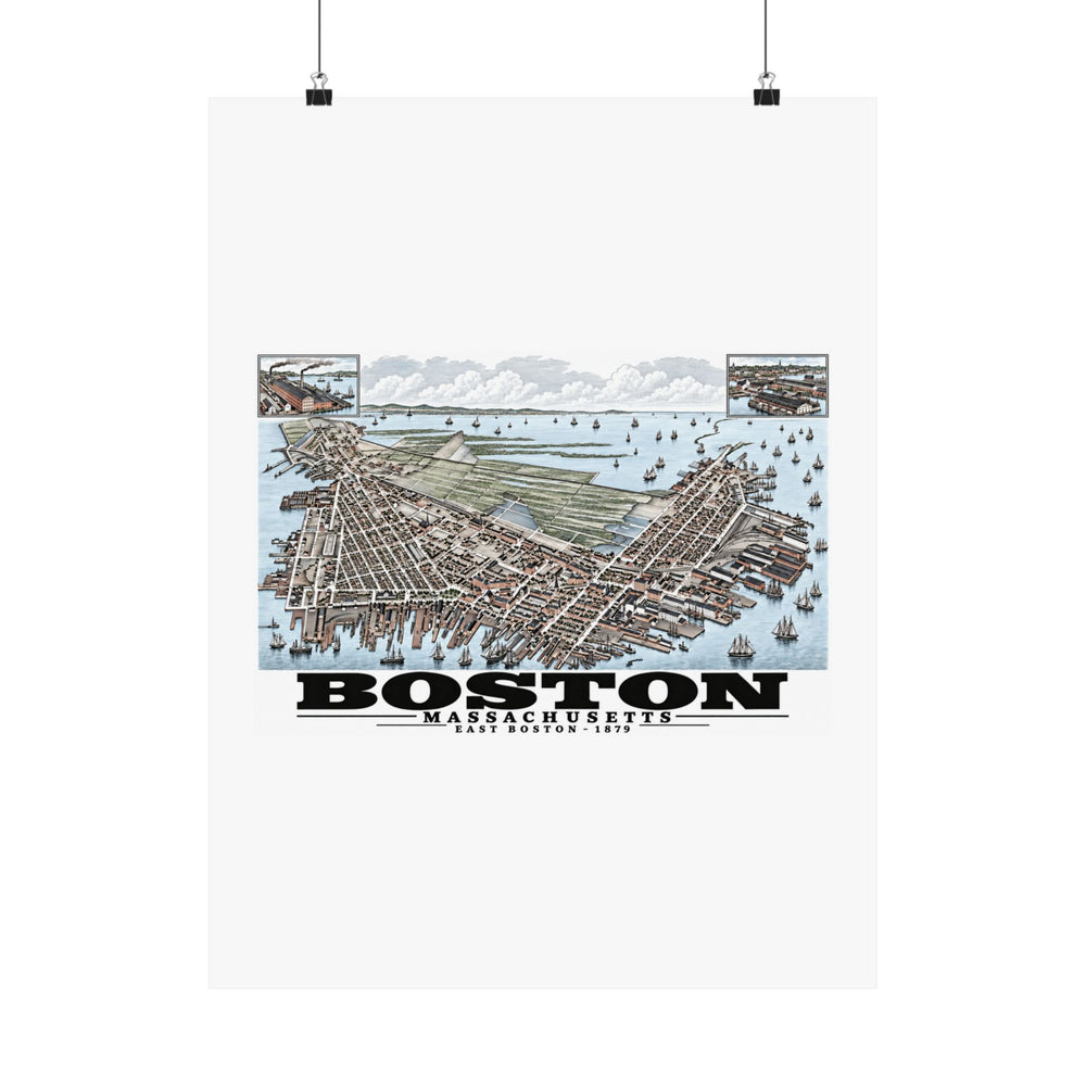 East Boston bird-eye city and harbor panorama with inset views poster with Boston lettering hanging from two binder clips