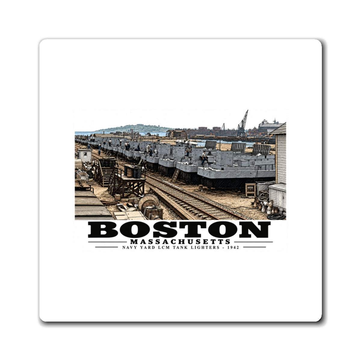 Illustrated Tank Lighters at Boston Navy Yard in Charlestown on square magnet