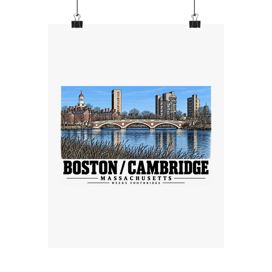 Weeks Footbridge stone arches and riverside towers poster with Boston/Cambridge lettering hanging from two binder clips