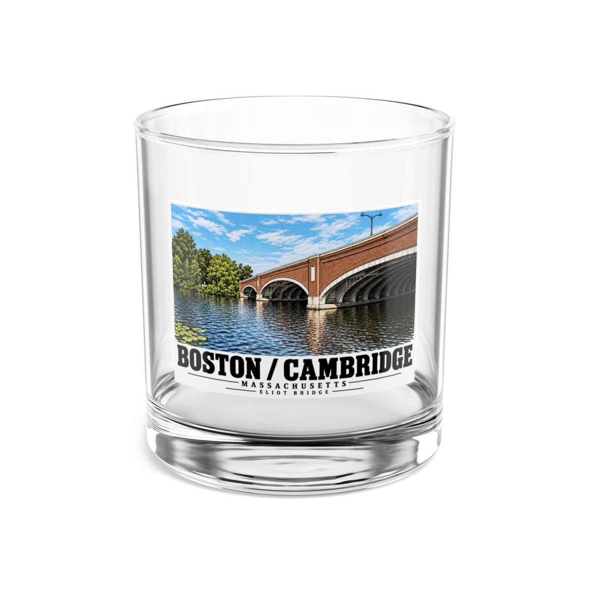 Clear rocks glass showing Eliot Bridge close red brick arch view artwork and Boston/Cambridge lettering