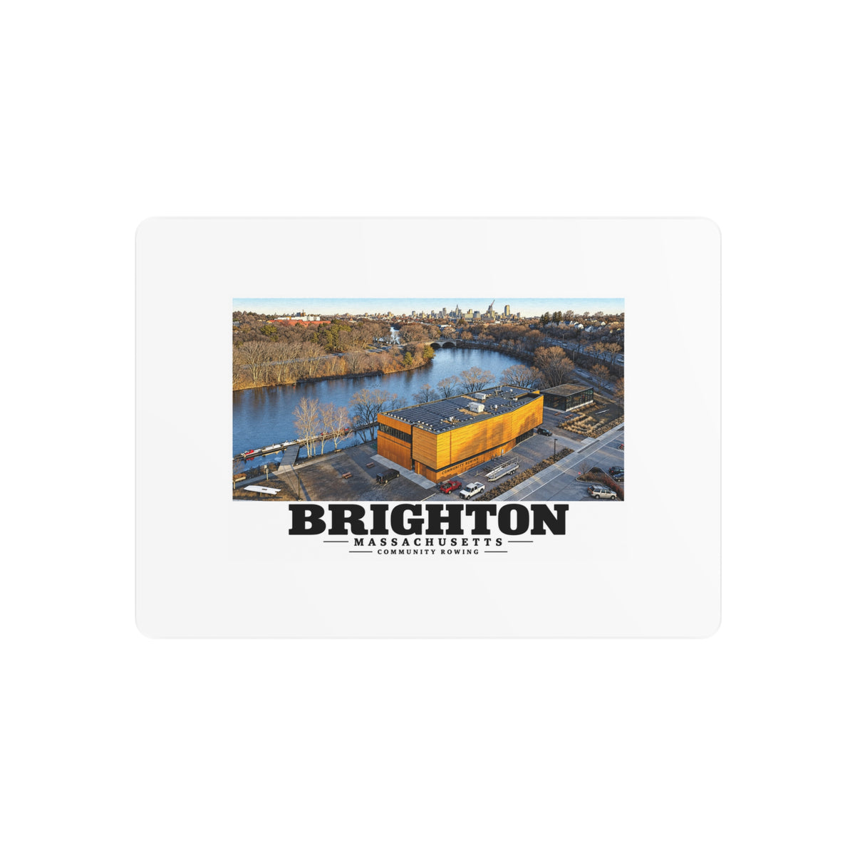 Metal wall print showing Community Rowing aerial building and river artwork and Brighton lettering