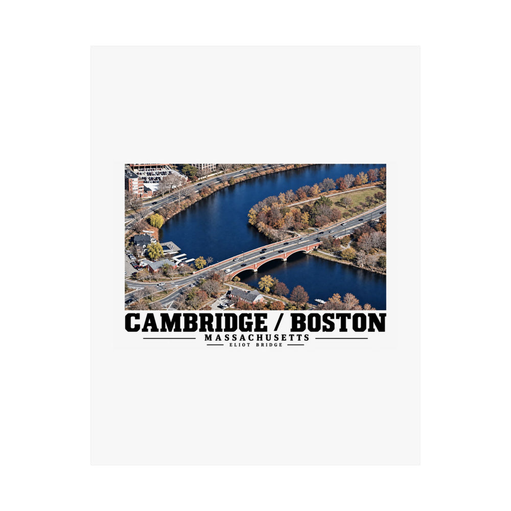 Flat Eliot Bridge aerial river view poster with Cambridge/Boston lettering