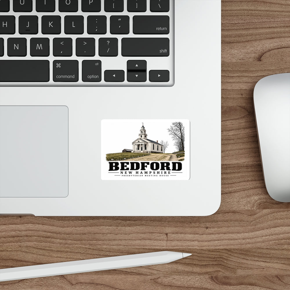 Laptop display of Presbyterian Meeting-House white die-cut sticker, with Bedford, New Hampshire artwork and lettering.