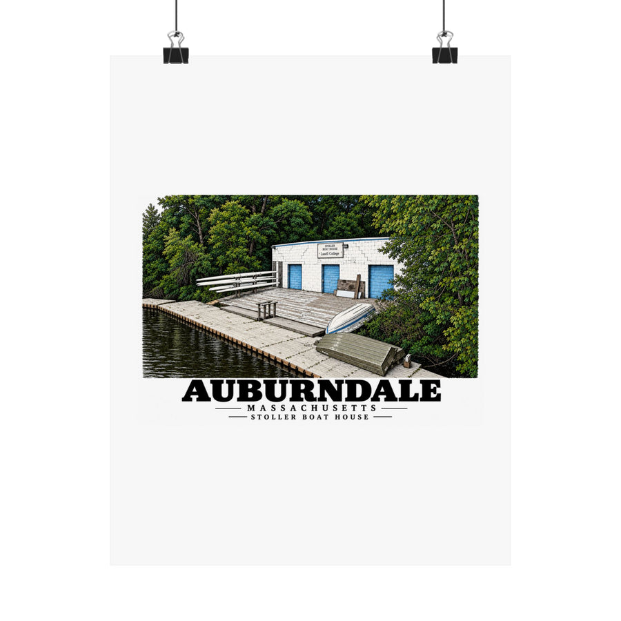 Front view of the Auburndale Stoller Boathouse matte poster suspended by binder clips.