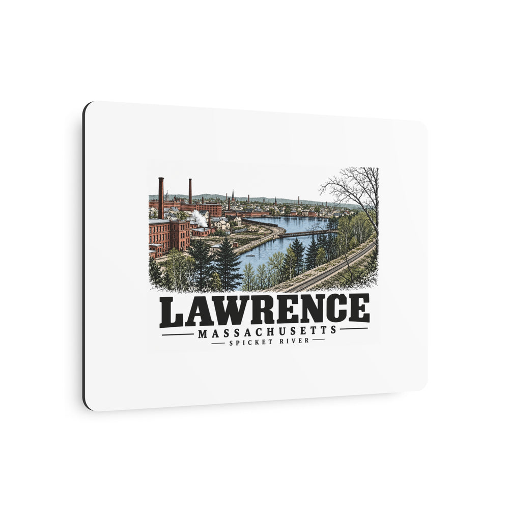 Angled front of Spicket River Factories metal wall art, with Lawrence, Massachusetts artwork and lettering.