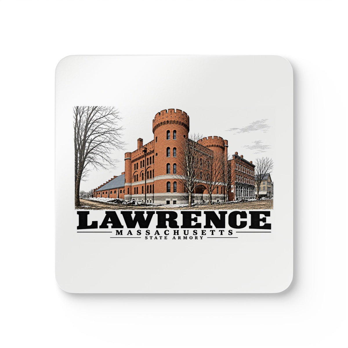 Illustrated State Armory in Lawrence on corkwood coaster set