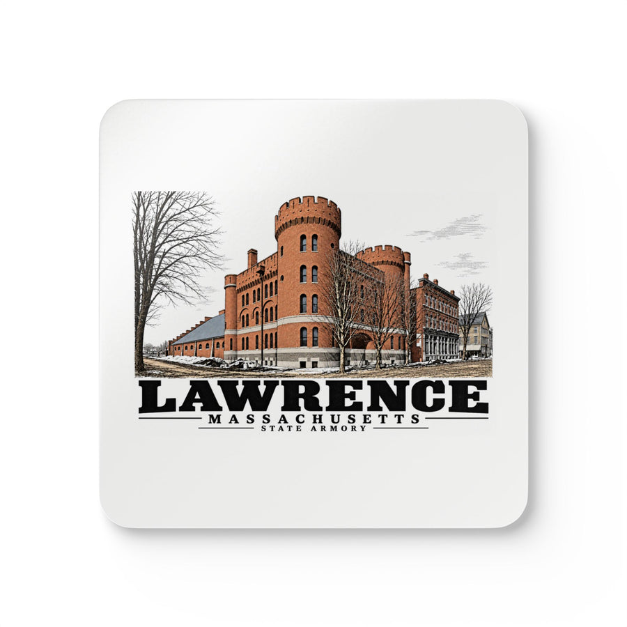 Illustrated State Armory in Lawrence on corkwood coaster set