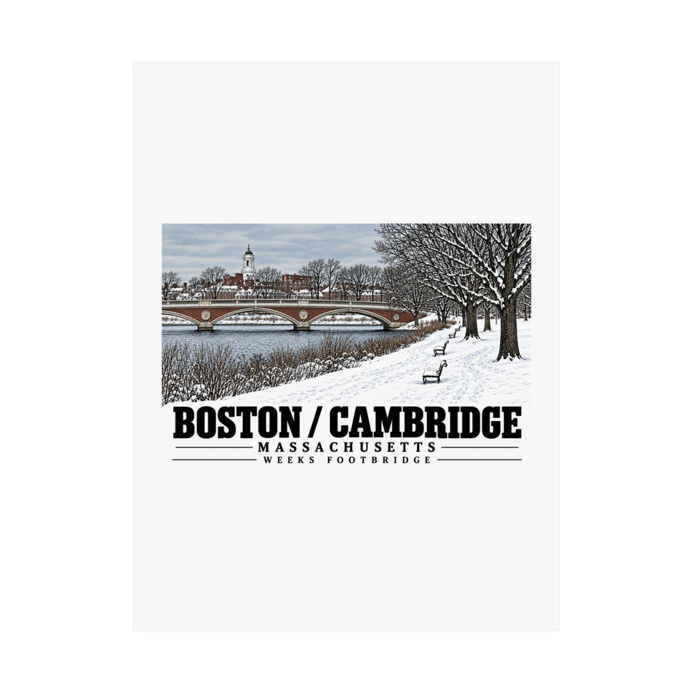 Flat Weeks Footbridge winter riverbank view with snow and benches poster with Boston/Cambridge lettering