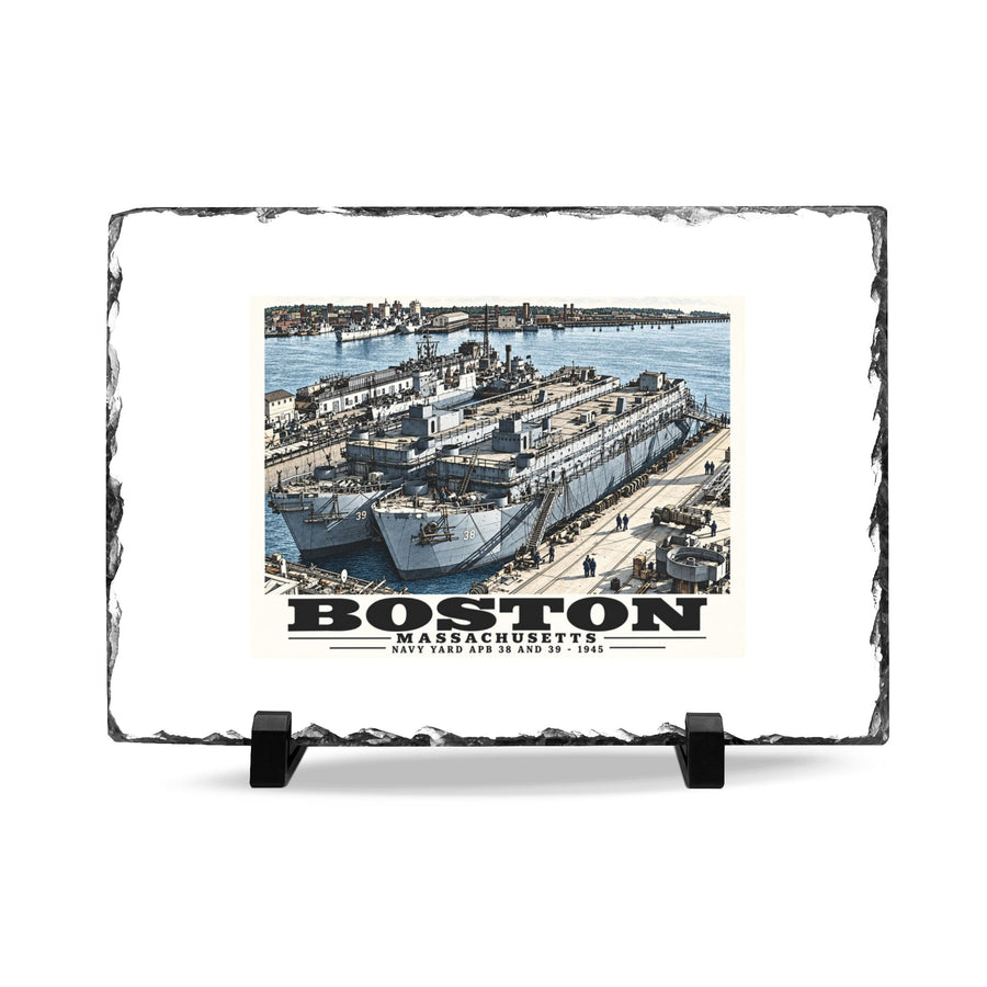 Illustrated APB-38 and APB-39 at Boston Navy Yard in Charlestown on slate desk plaque