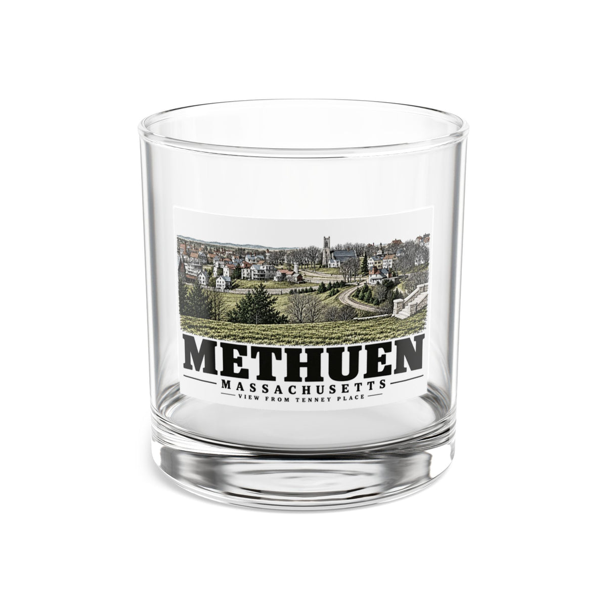 Front of View from Tenney Place rocks glass, with Methuen, Massachusetts artwork and lettering.