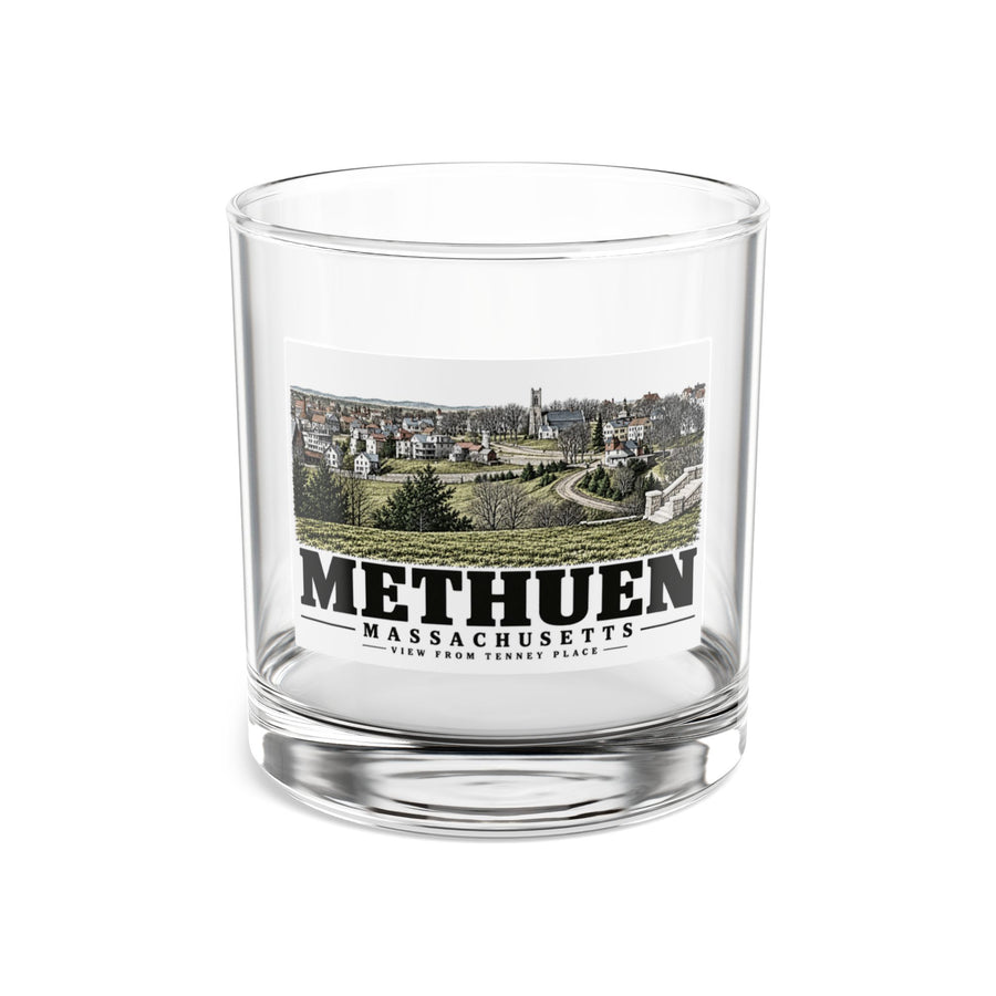 Front of View from Tenney Place rocks glass, with Methuen, Massachusetts artwork and lettering.
