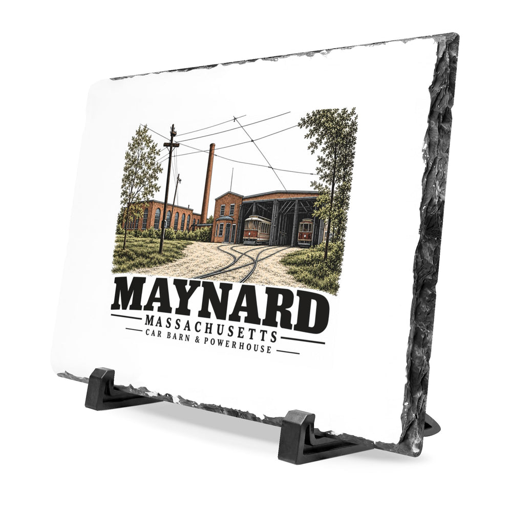 Illustrated Car Barn & Powerhouse in Maynard on slate desk plaque