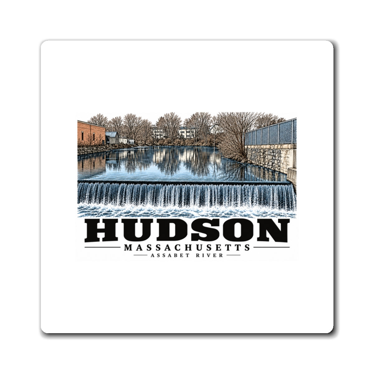 Illustrated Assabet River in Hudson on square magnet