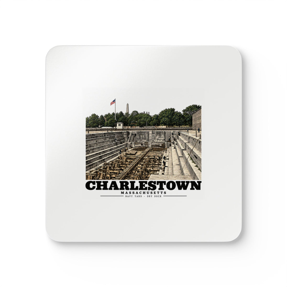 Front of four-piece coaster set with dry-dock artwork and Charlestown lettering