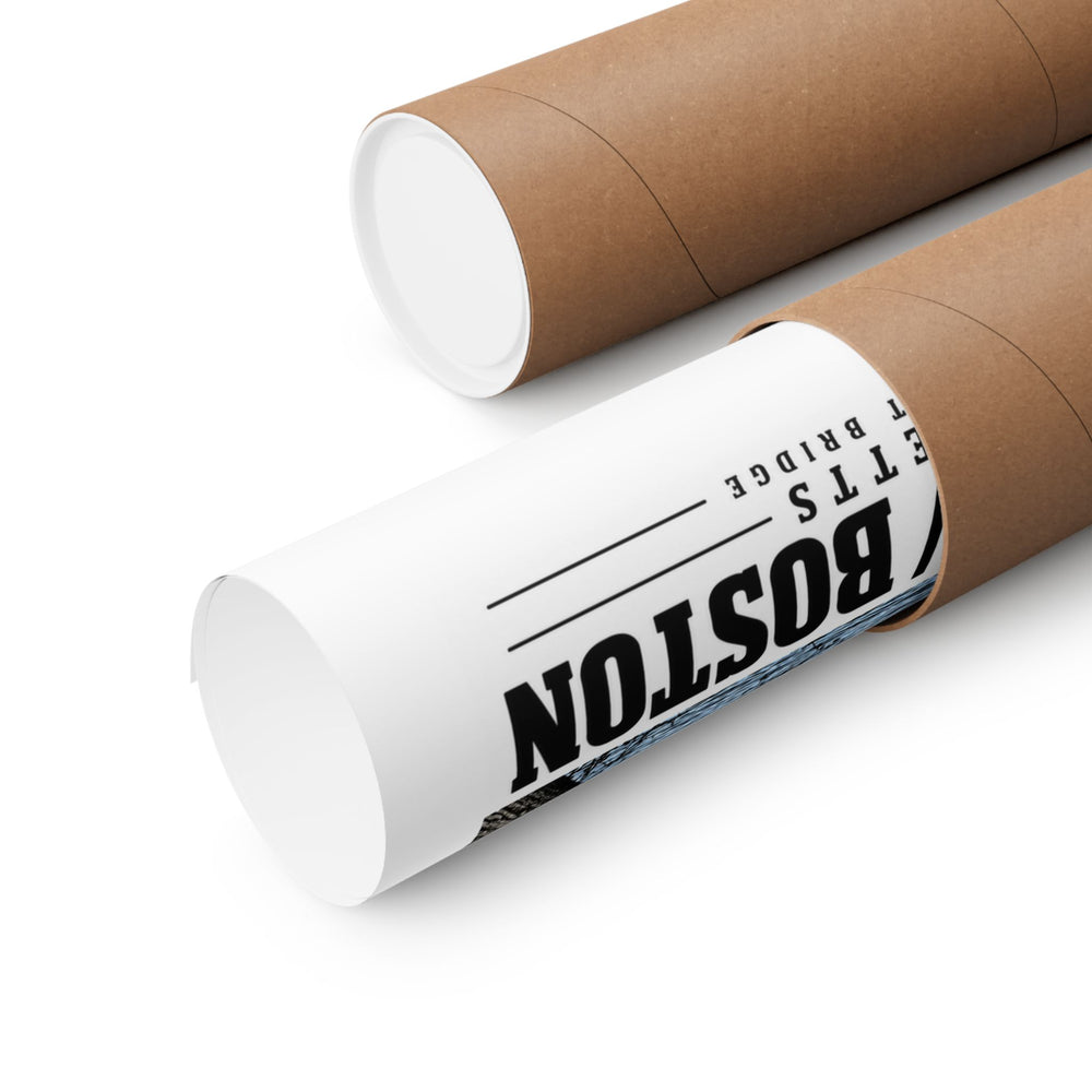 Partly rolled poster extending from a cardboard tube with partial Boston lettering and a narrow strip of the printed scene visible