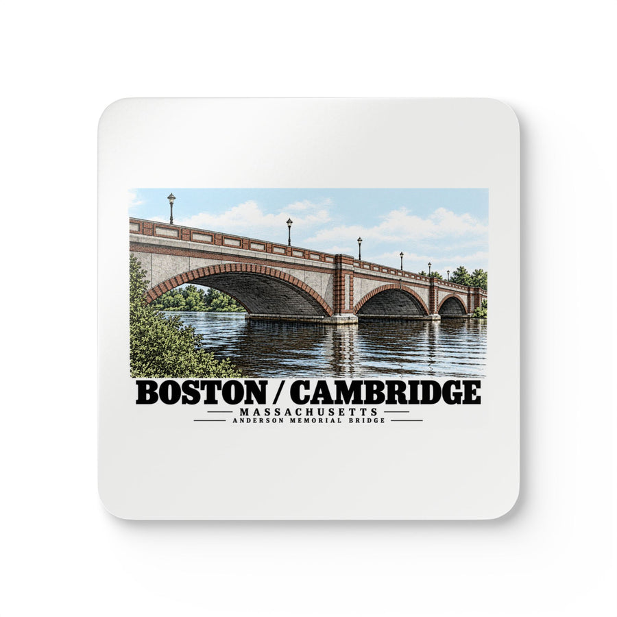 White square coaster showing Anderson Memorial Bridge close arch view artwork and Boston/Cambridge lettering