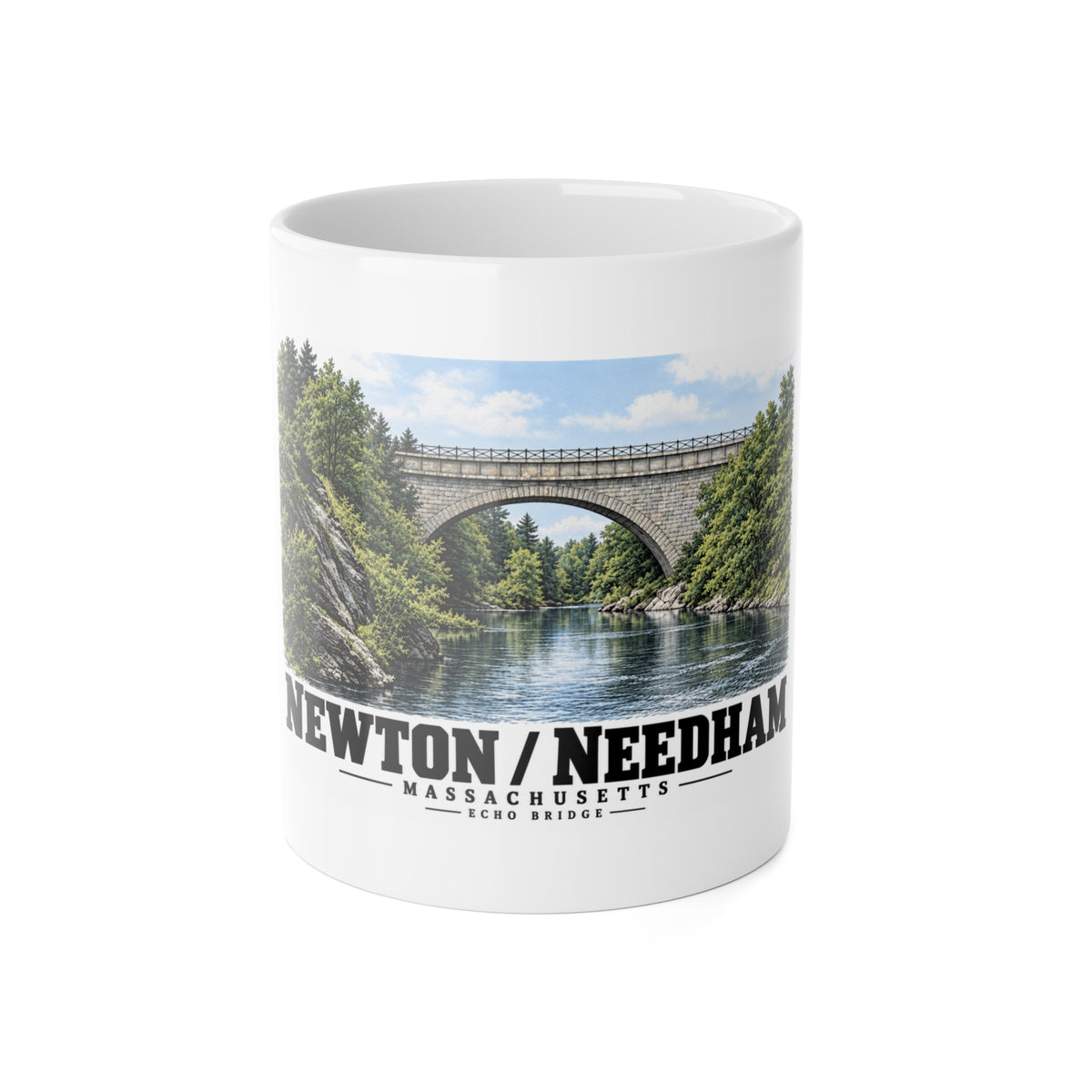 White ceramic mug front with Echo Bridge artwork showing a stone arch over a river and trees, with Newton/Needham lettering.