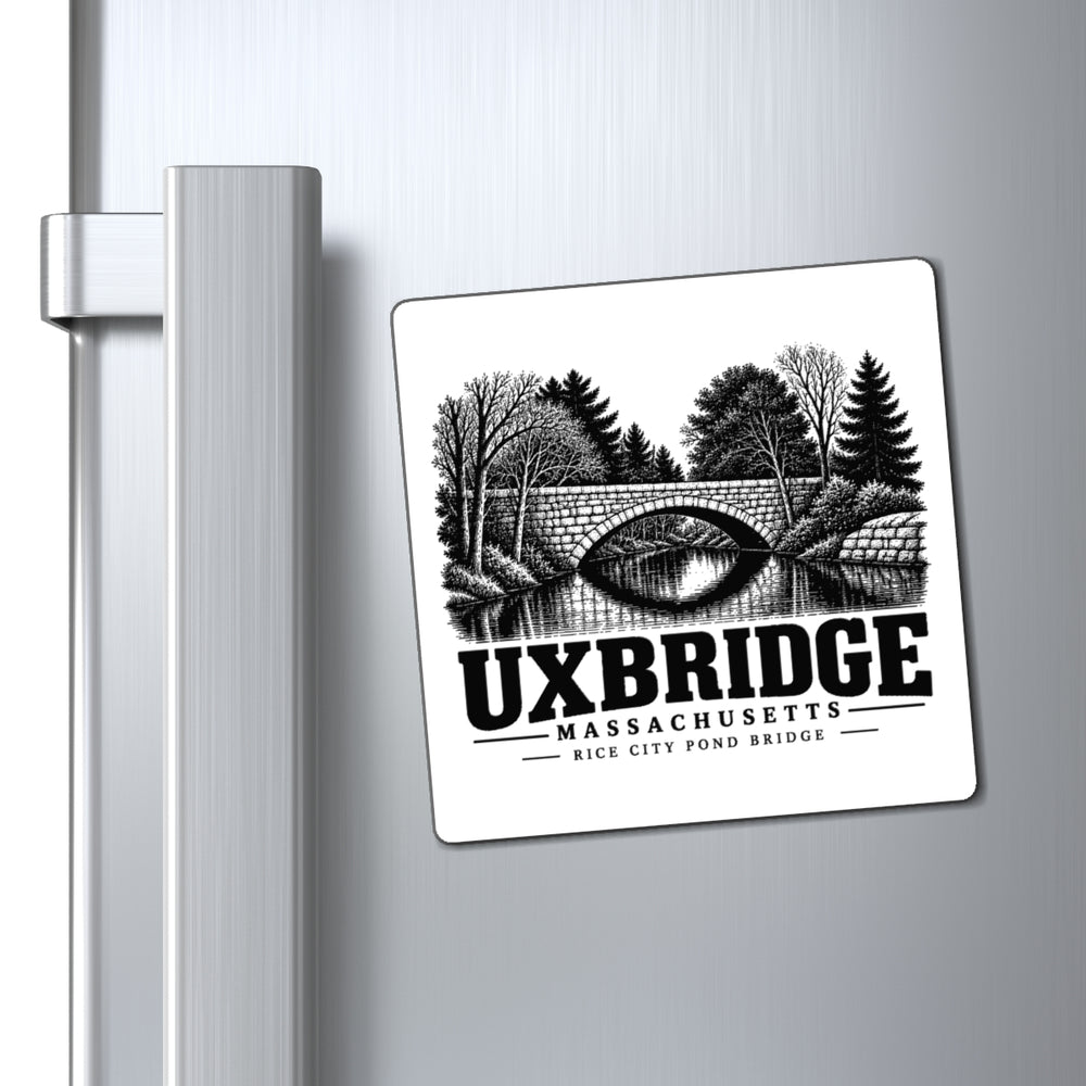 Uxbridge Rice City Pond Bridge 4-inch magnet displayed on a refrigerator