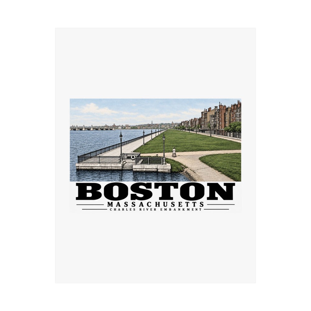 Flat Charles River Embankment riverside path, lawn and buildings poster with Boston lettering