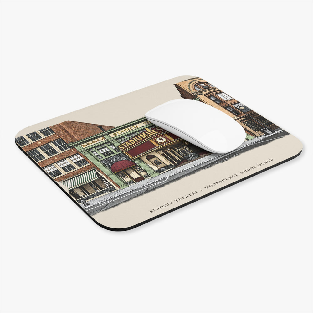 Woonsocket Stadium Theatre mouse pad mockup showing the full illustrated print