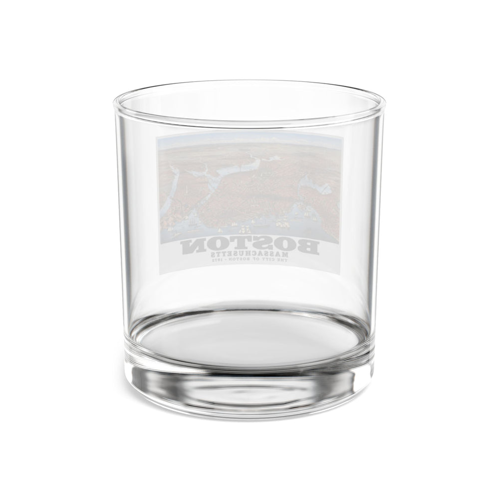 Rear view of clear rocks glass with historic Boston city and waterways bird-eye panorama print and reversed lettering visible through the glass