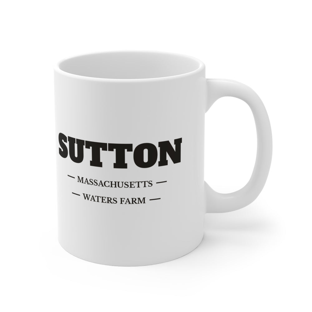 Sutton Waters Farm 11 oz ceramic mug — lettering view, handle right — Familiar History
