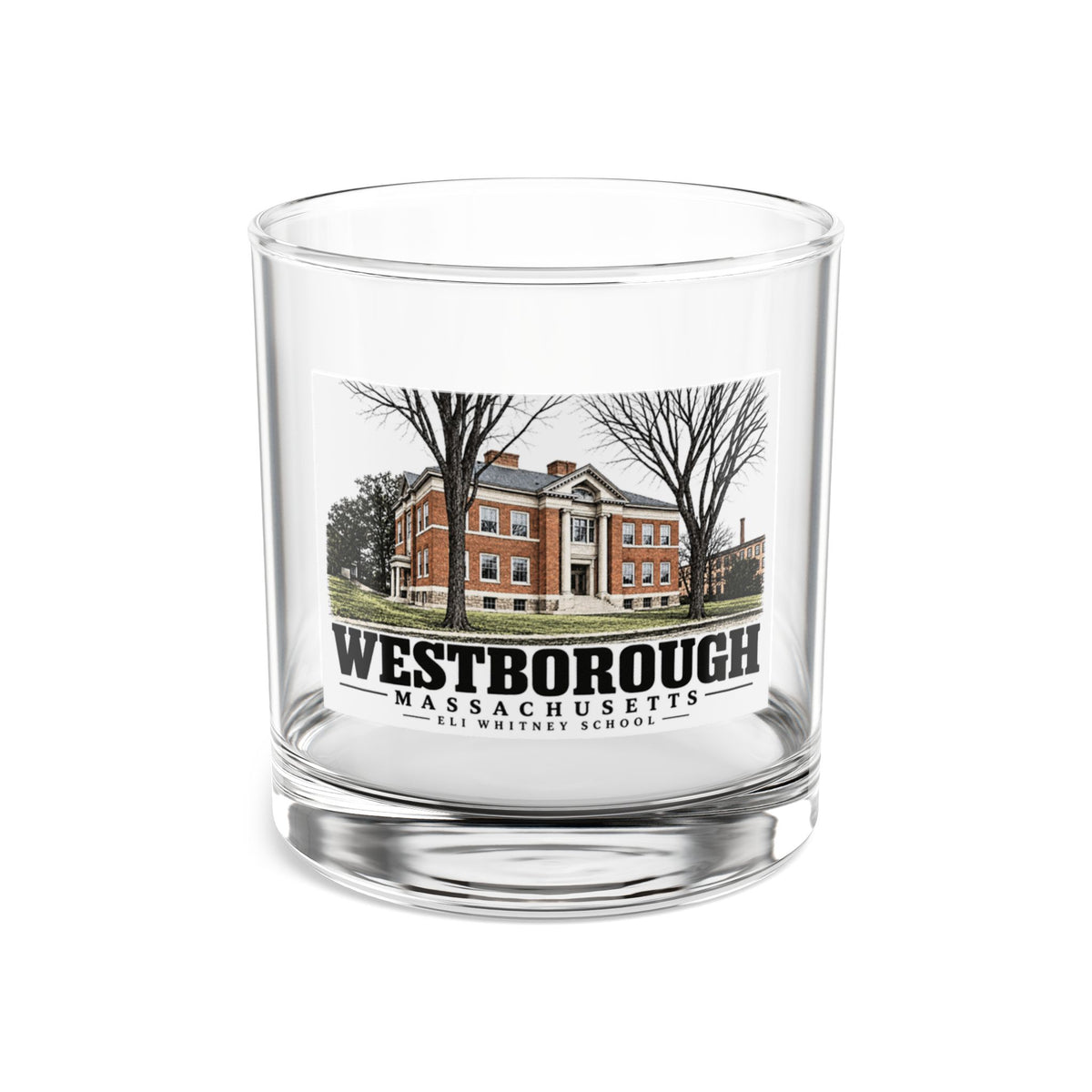 Illustrated Eli Whitney School in Westborough on rocks glass