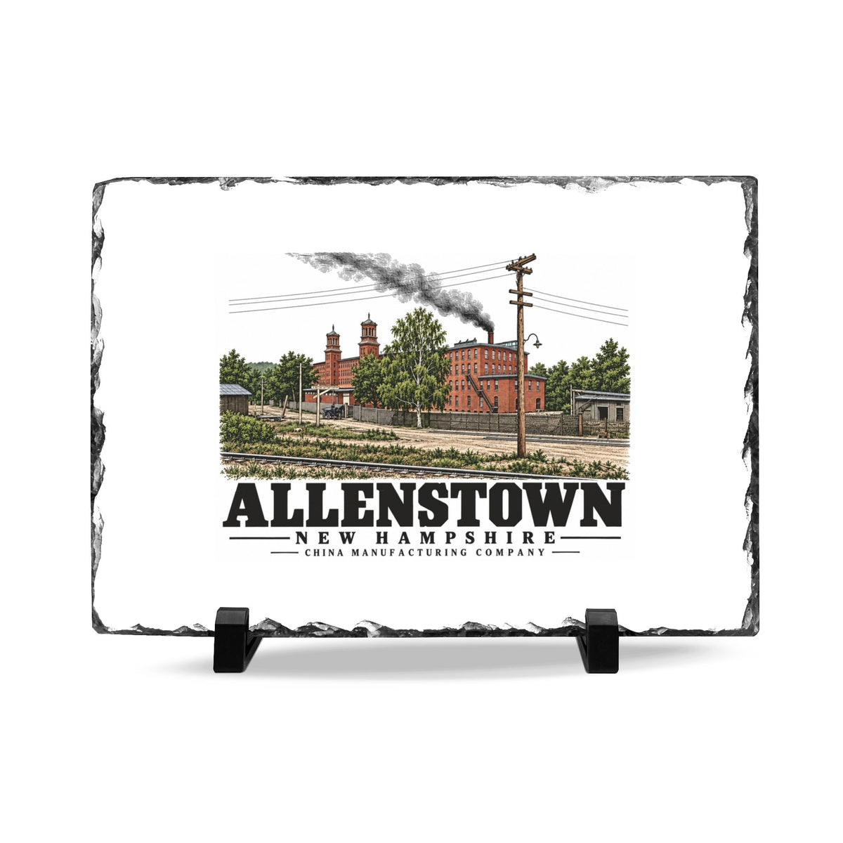 Illustrated China Manufacturing Company mill with rail tracks in Allenstown on slate desk plaque