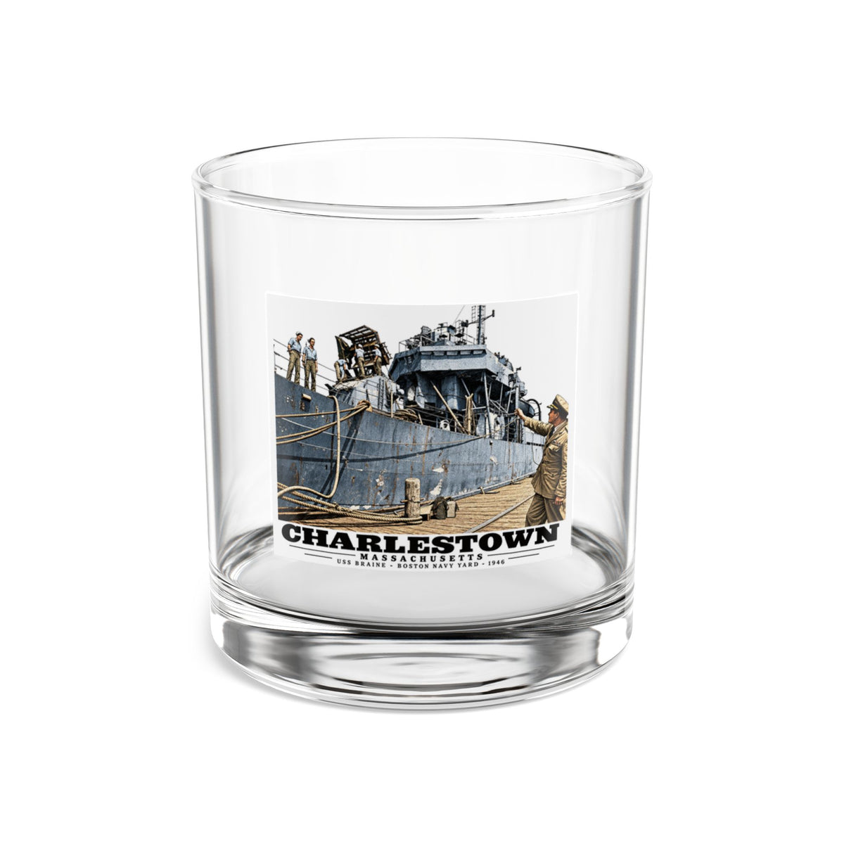 Illustrated USS Braine at Boston Navy Yard in Charlestown on rocks glass