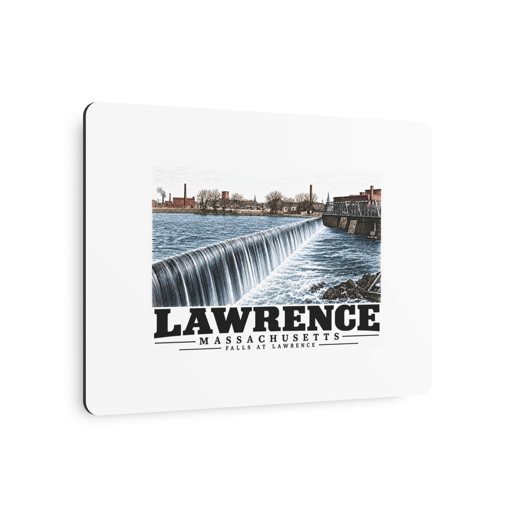 Angled front of Falls at Lawrence horizontal metal wall art, Lawrence, Massachusetts.