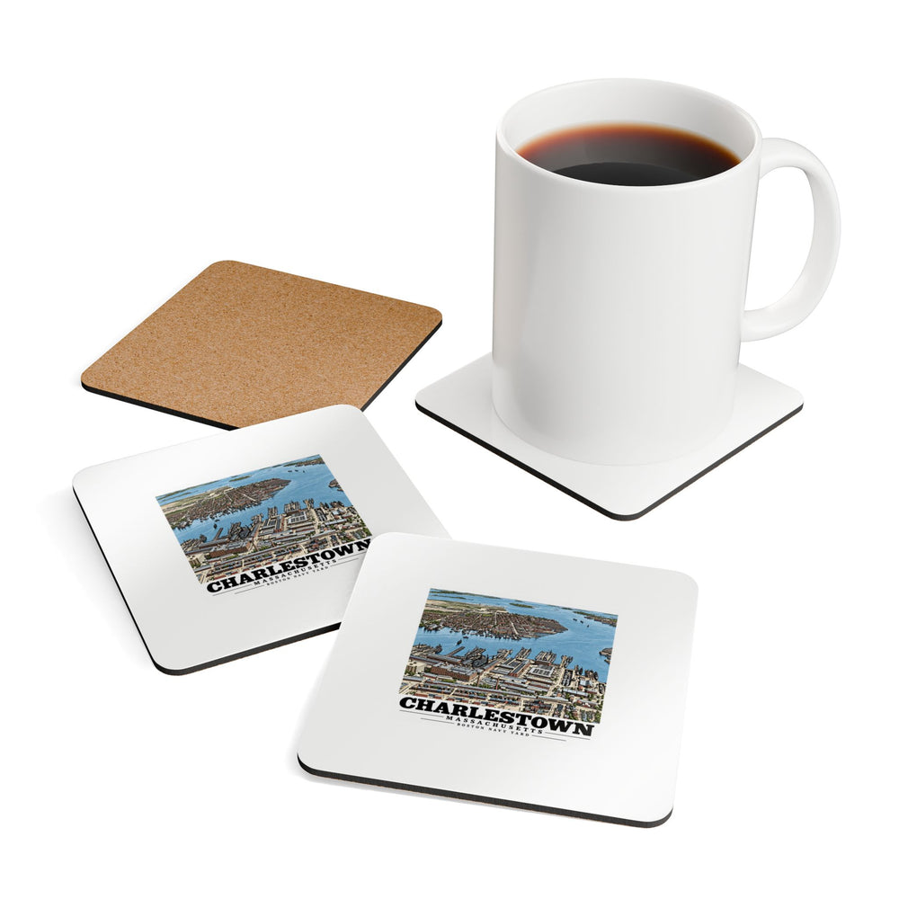 Illustrated Charlestown Navy Yard from the Harbor in Charlestown on corkwood coaster set