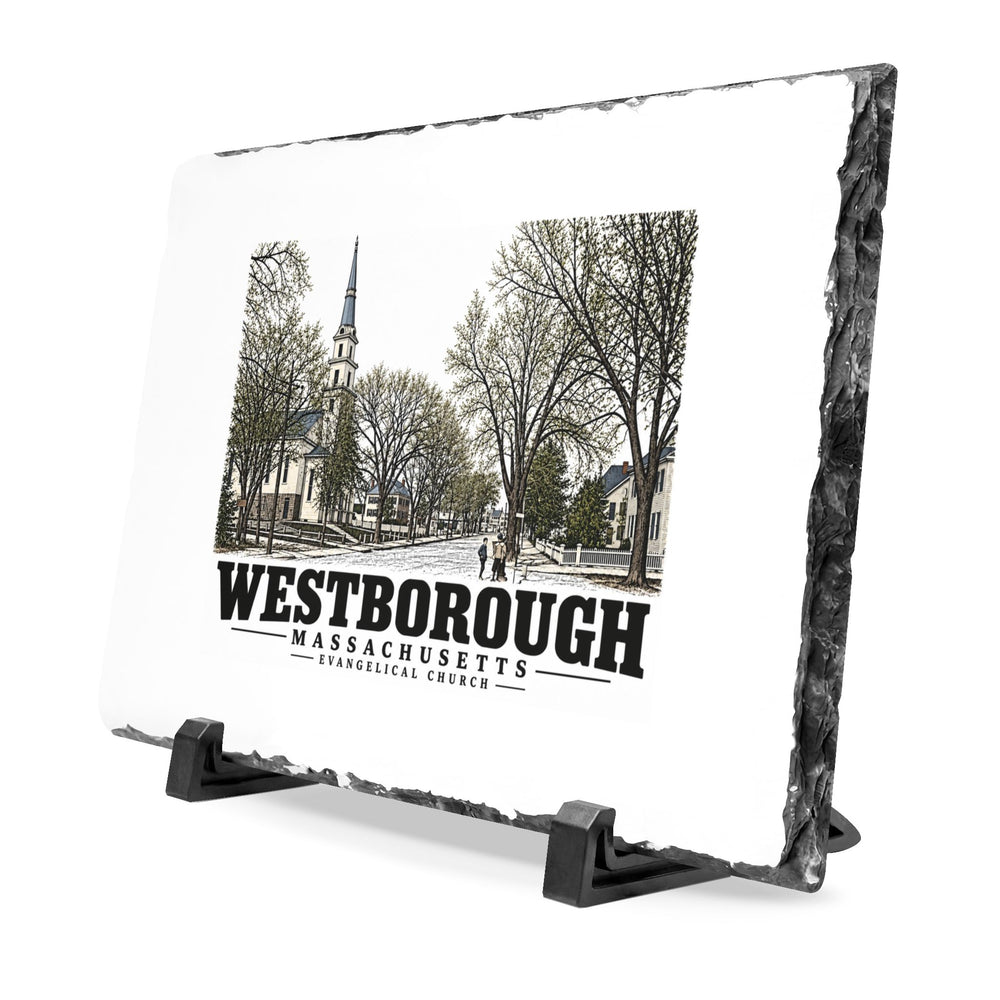 Illustrated Evangelical Church in Westborough on slate desk plaque