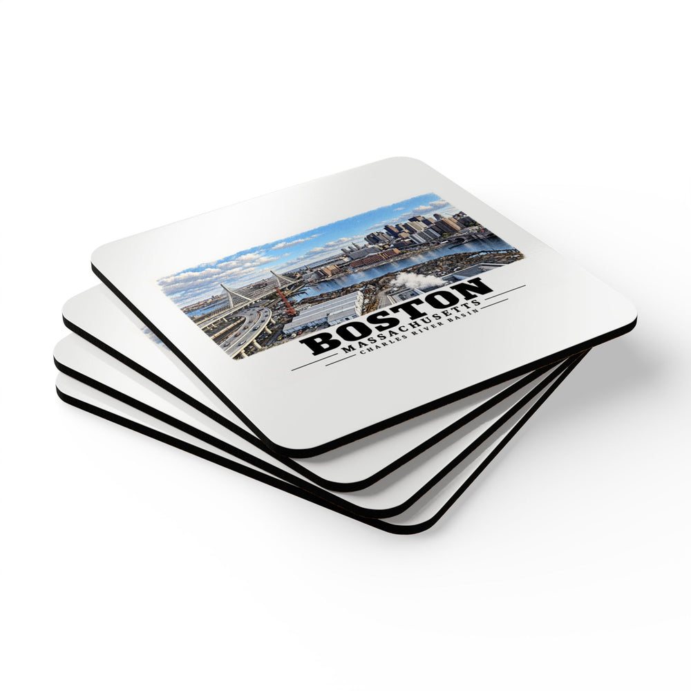 Stack of square coasters with Boston skyline, cable-stayed bridge and Charles River basin artwork visible on the top coaster