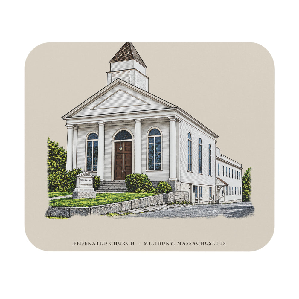 Millbury Federated Church / First Presbyterian Meeting House mouse pad mockup showing the full illustrated print
