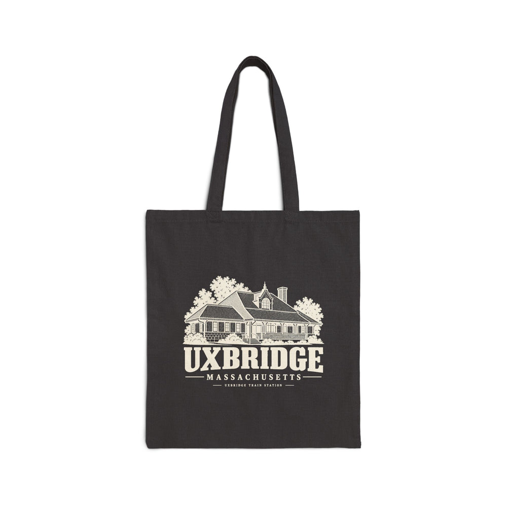 Black canvas tote with Uxbridge Train Station artwork, front view