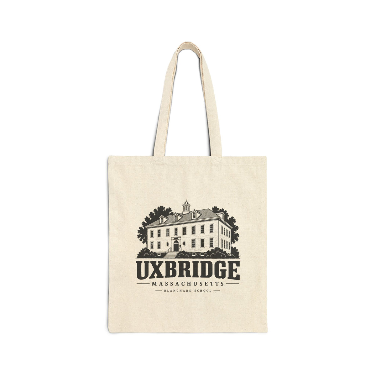 Natural canvas tote with Uxbridge Blanchard School artwork, front view