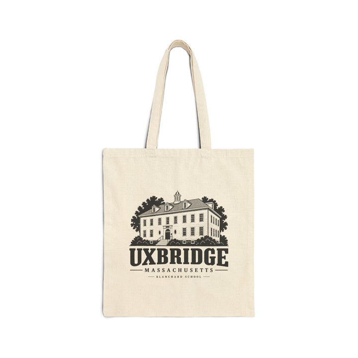 Natural canvas tote with Uxbridge Blanchard School artwork, front view