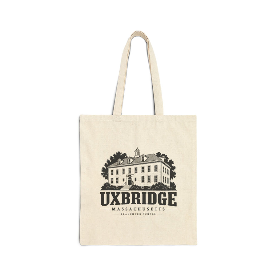 Natural canvas tote with Uxbridge Blanchard School artwork, front view