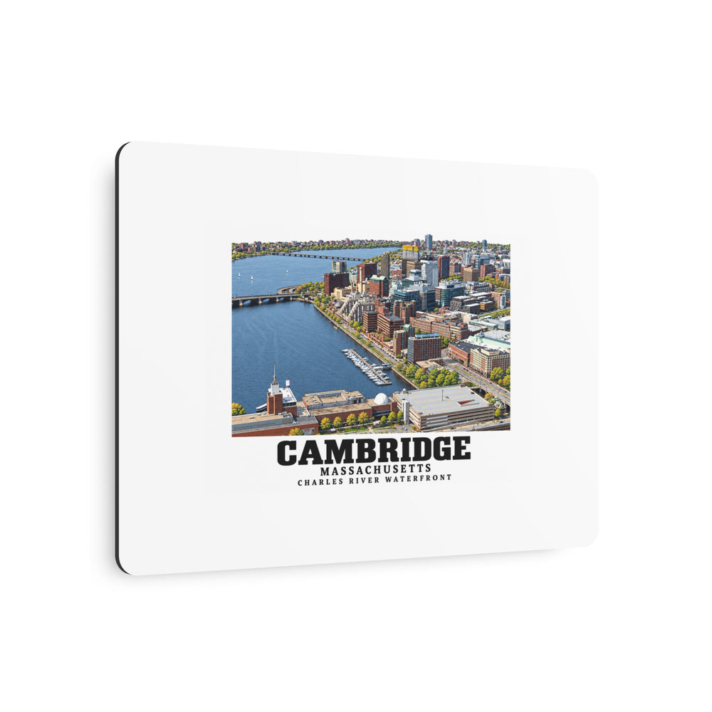 Angled view of Cambridge Charles River waterfront aerial city view metal print with its dark edge visible